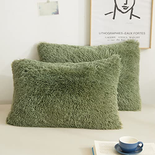 XeGe Set of 2 Fluffy Faux Fur Pillowcases, Standard 50x75cm, Sage Green | Soft Plush Shaggy Moss Green Pillow Cases, Fuzzy Furry Decorative Long Pillow Covers for Bed Couch Sofa with Zipper Closure