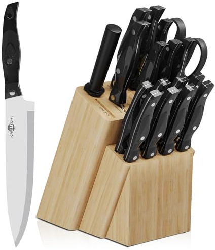 KAZUSHI Messerblock Set 19-teiliges Edelstahl Kochmesser Set mit Holzblock