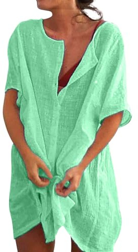 Kimono, Robe De Plage Femme Mi Longue Grande Taille Tunique Plage, Kaftan Chemisier Col Rond Transparent Legere Bikini Cover Up Blouse Tunique Élégant en Coton, Chemise Vert, 5XL