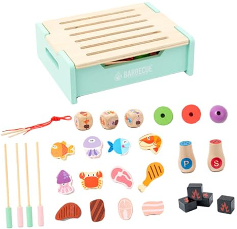 BESTonZON Junge Mädchen Grill Spielzeug Holzgrill-Spielzeug Mit Wasser Rauch Effekt Inklusive Spielzeuglebensmitteln Für Junge Mädchen Zum Rollenspiel Und Kochen Lernen