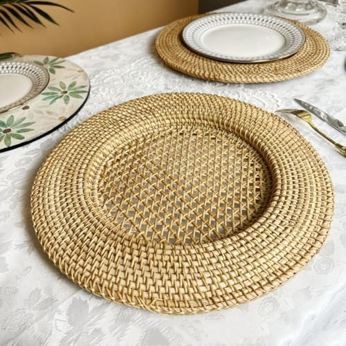 MLSHWUG Paniers Creux Tissés Fruits Pain Nourriture Plateaux De Service Ronds en Osier Décoration De Cuisine Et De Restaurant,Natural,32cm