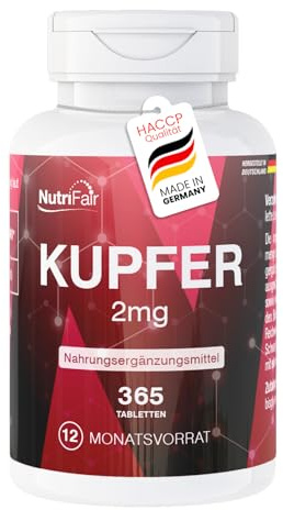 Nutrifair Kupfer 2mg, 365 Tabletten, schluckfreundlich, Kupferbisglycinat, Hochdosiert, 100% Vegan, Deutsche Produktion & Laborprüfung