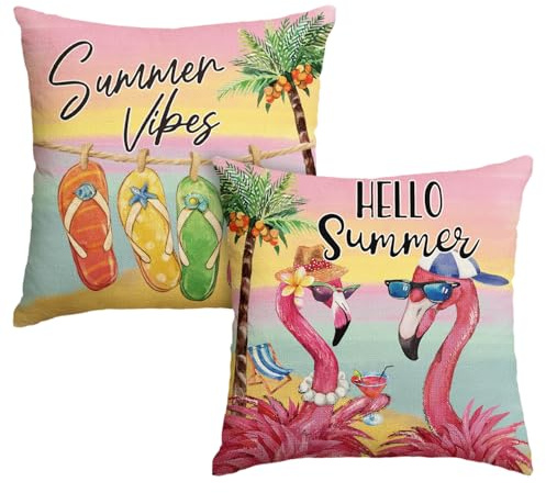 Artoid Mode Infradito mare con fenicotteri, palme di cocco, estive, impermeabili, set da 2 pezzi, 45 x 45 cm, traspirante, cuscino decorativo per esterni