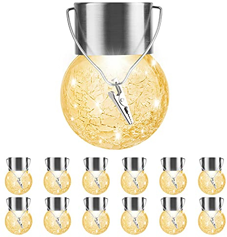 Solar Outdoor Lights Decorative 12 Pack, Hanging Solar Garden Lights Waterproof, Solar Powered Globe Cracked Glass Ball Lantern for Yard Patio Fence Tree Umbrella Holiday Decoration, Warm White