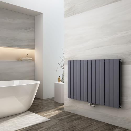 EMKE Design Heizkörper Flach, 630x1006 mm Horizontal Flachheizkörper mit Seitenanschluss, Doppellagig Anthrazit Paneelheizkörper Wandheizkörper für Bad, Schlafzimmer & Wohnzimmer, 1308W