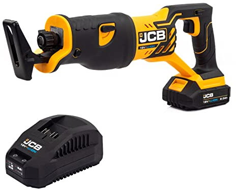 JCB 18V Cordless Reciprocating Saw, 2.0Ah Battery, Fast Charger, Variable Speed & Adjustable Foot Plate, Tool-Free Blade Changing, Powerful with 3 Year Warranty
