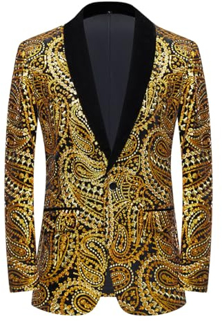 PYJTRL Giacca da Uomo con Paillettes Lucide Giacca Classica da Abito Floreale Moda, Adatta per Feste, Matrimoni, Banchetti, Balli,Gold,3XL