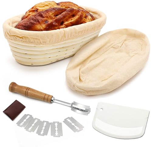 Cestino da Lievitazione per Pane, 25cm Ovale Cesto Lievitazione Pan, Rattan Naturale Cestini Pane, Banneton Proofing Basket con Raschietto Pasta, Tela di Lino