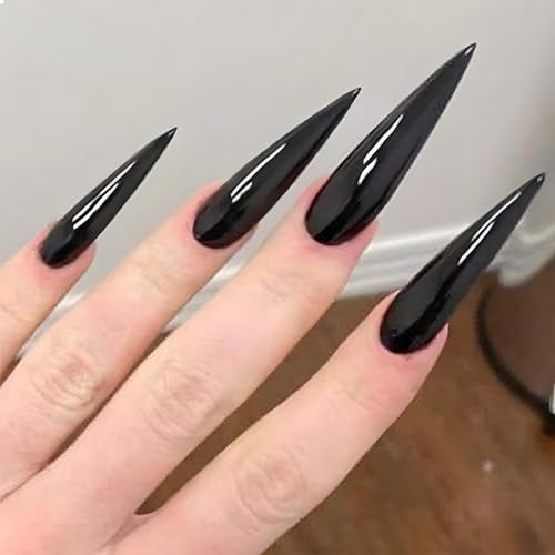 GlamRays 24 Stück Solide Farbe Press on Nails Schwarz Stiletto Lang Glänzend Geschenk für Frauen und Mädchen