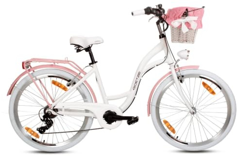 Goetze Mood Damen Fahrrad, City Bike 26/28 Zoll, 6/7-Gang mit Korb | Tiefeinstieg, Shimano-Antrieb, V-Brakes, LED-Beleuchtung, Reflektoren, komplett ausgestattet