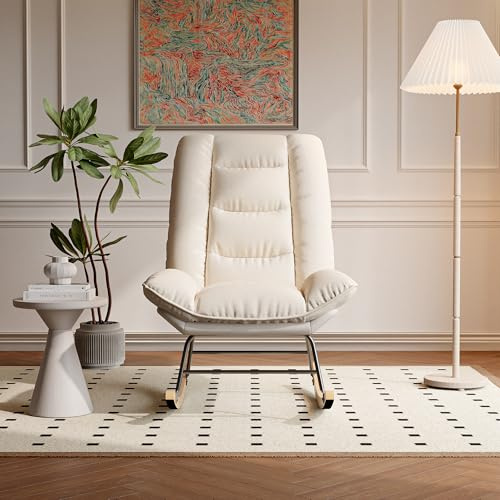 UnboxGermany Fauteuil scandinave en Bois, Fauteuil à Bascule, Rocking Chair, Structure en Bois Massif et métal, 77 x 90 x 100 cm, Lin, Beige (Beige-A)