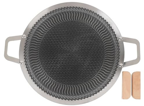Partita de parrilla de barbacoa coreana de 13.4 pulgadas, placa de parrilla redonda de acero inoxidable con manija de madera uniforme para cocinar al aire libre en interiores (34cm)