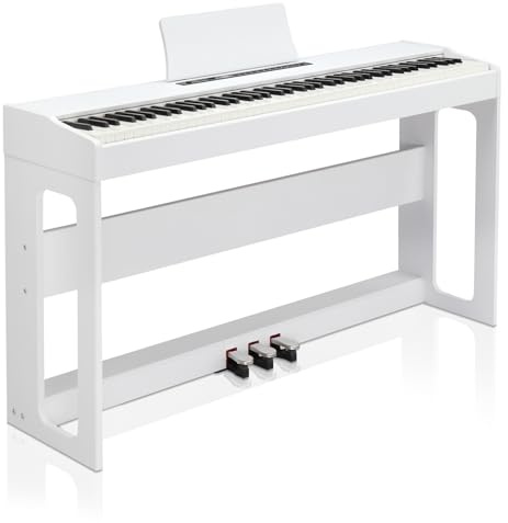 Bonnlo Domicile Piano Numérique 88 Touches Pondérées, Piano Électrique avec MIDI-USB, Bluetooth et Haut-Parleurs Stéréo, Action du Marteau, Clavier électrique Fullsize pour Débutant,133x42x30cm, Blanc