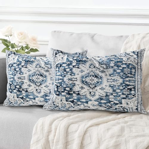 ECZOIL 2er Set Boho Kissenbezug 40x60 cm Kissenhülle Dekorative Boho Stil Vintage Zierkissenbezüge Kissen für Sofa Sessel Zuhause Schlafzimmer mit Verstecktem Reißverschluss - Blau und Weiß