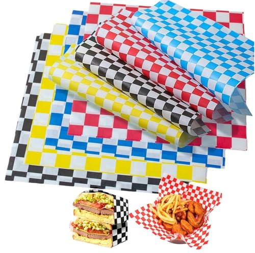 200 Pcs Greaseproof Paper Sheets, 25 x 25 cm Food Grade Wrapping Parchment Wax Paper Sheets Checkered, 4 Color Waterproof Greaseproof Parchment Baking Wrapping Sheets for Sandwich Pizza French Fries