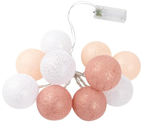 Ideen mit Herz Guirnalda de luces con 10 LED, funciona con pilas, 10 bolas de algodón en 3 colores, diámetro de 60 mm por bola, incluye temporizador (blanco, albaricoque, rosa viejo)