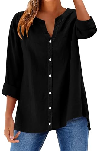 Rapbin Long Sleeve Tops Women Cotton Shirts for Women UK V Neck Clothes Ladies Casual Loose Elegant Blouses Black XL
