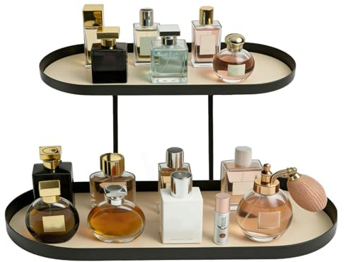 Organizador de Maquillaje 2 Niveles, Moderno y Elegante Organizador Perfume, Organizadoras de Bandeja de Cosméticos de Gran Capacidad Metal Makeup Organizer para Baño, Tocador, Dormitorio (Oval)