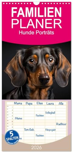 Familienplaner 2026 - Hunde Porträts mit 5 Spalten (Wandkalender, 21 cm x 45 cm), CALVENDO: Zwölf Bilder von beliebten Hunderassen, die mit ihren Blicken die Herzen berühren (CALVENDO Tiere)