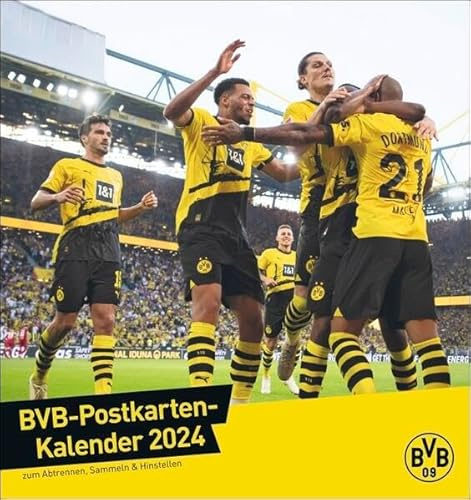 BVB Postkartenkalender 2024. Kleiner Kalender für große Fans: Die Stars von Borussia Dortmund in einem Tischkalender zum Aufstellen oder Aufhängen. Jeden Monat eine Spieler-Postkarte.