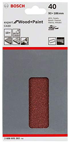 Bosch Accessories Feuille Abrasif pour Ponceuses Orbitales, 8 Trous, 40 Grain, 93mm x 186mm, Lot de 10