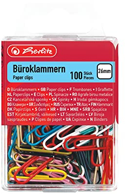 Herlitz 8760811 Büroklammer 26 mm, kunststoffummanteltes Metall, 100 Stück in Hängebox, farbig sortiert