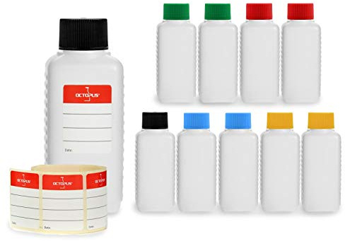 10x 100 ml Octopus HDPE plastflaskor, plastflaskor, livsmedelssäker t.ex. för flygplan, resor, camping, färgade lock