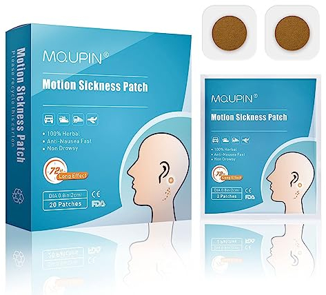 MQUPIN® Motion Sickness Patch Anti-Nausea Relief Vomiting Nausea Dizziness, Sea Sickness Patch 100% Natural Herb Treatment, Fast Acting, Suit for Car, Ships, Airplanes Travel, 20 Count/Box