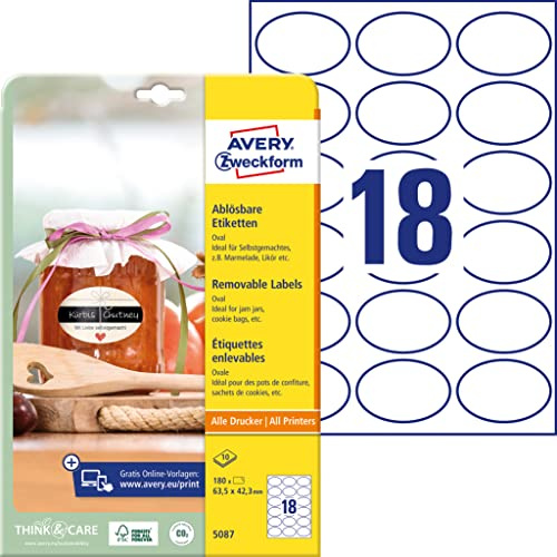 AVERY Zweckform 180 självhäftande flasketiketter (63, 5 x 42, 3 mm, ovala, klistermärken, perfekta för konserveringsburkar, kryddburkar, likörflaskor, hemgjorda från köket, art. 5087) 10 ark vita