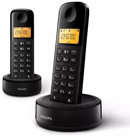 Philips D1602B - 2 Teléfonos Fijo Inalámbrico Duo, Pantalla 4,1 cm, Retroalimentación, Manos Libres, Identificador de Llamadas, Plug & Play, Eco+ - Negro (Compatible: ES, IT, FR)