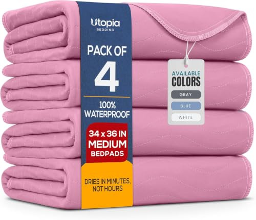 Utopia Bedding Washable Underpads 34 x 36 (Pack of 4), Waterproof Reusable Heavy Absorbency Incontinence Bed Pads for Adults, Kids, Elderly and Pets, Bedwetting Pads for Sofa and Couch (Pink)