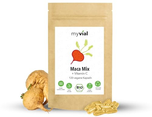 Bio Maca Mix Kapseln mit Bio Vitamin C (Acerola) 120 Stück hochdosiert 503mg pro Kapsel Pulver Mix aus roter gelber schwarzer Maca Wurzel vegan produziert in Deutschland