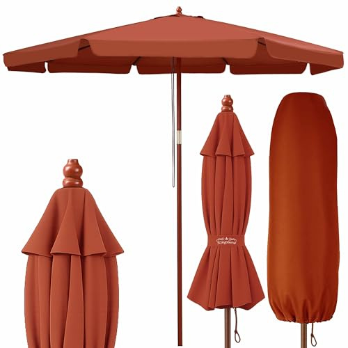 Kingsleeve® Holz Sonnenschirm 330 cm Groß UV Schutz 80+ Schutzhülle Seilzug Rund Stabil Windfest Marktschirm Gartenschirm Terrasse Balkon Terracotta