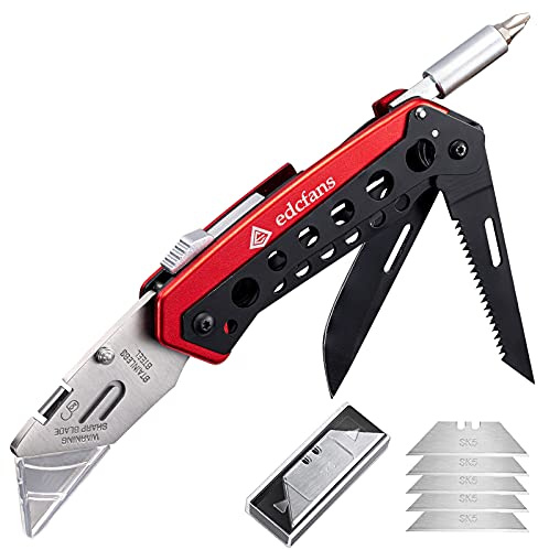 edcfans Folding Utility Knife Box Cutter with 5 Razor Blades, Pocket Utility Knives, Screwdriver, Saw, Lock Design, Clip and Holder for Belt, EDC Heavy Duty Work Knifes, Fathers Day Dad Gifts for Papa