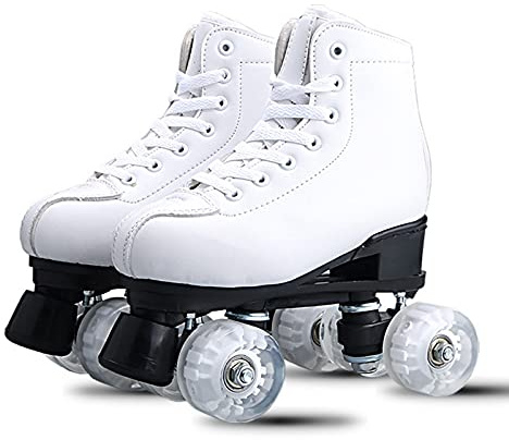 DFWYG Patines Artísticos Blancos Unisex, Patines 4 Ruedas Cuádruples de Doble Hilera Patines de Ruedas de Cuero PU de Caña Alta para Niños Principiantes, Adultos, Hombres y Mujeres,EU39/ UK5.5