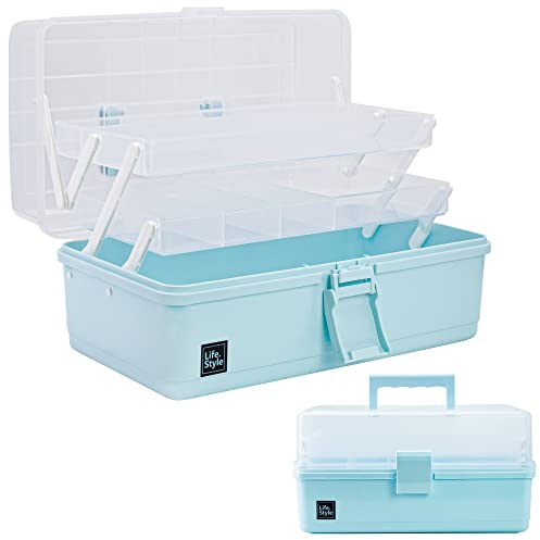 Creahaus 33cm 3-Regal Mehrzweck-Aufbewahrungsbox, Sortierbox, Organizer Box, Bastelbox, Nähkasten, Medizinkoffer, Toolbox, Angelkoffer mit 2 Regalen (Blau)