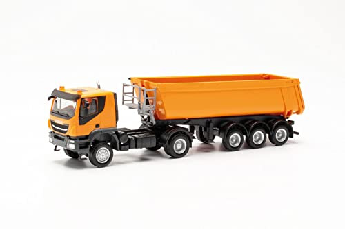 Herpa LKW Modell Iveco Trakker mit Schmitz Cargobull Kipp-Sattelzug mit Stahlmulde, originalgetreu im Maßstab 1:87, Modell LKW, Modellbau Sammlerstück