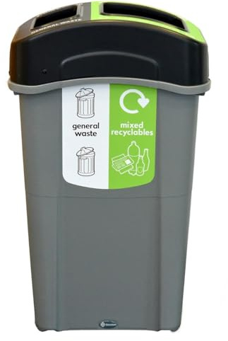 Glasdon Eco Nexus Duo 85L General Waste Mixed Recycling Bin 70/30 Split Lid | Indoor Recycling Container, 85 Litre Slim Office Recycling Bin, integral sack retention system, 5 year Manufacturer Warranty
