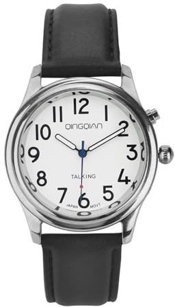 QINGQIAN English Voice Talking Watch for Blind,Visually impaired or Elderly,Silver Shell,Black Leather,Magnetic Suction Buckle