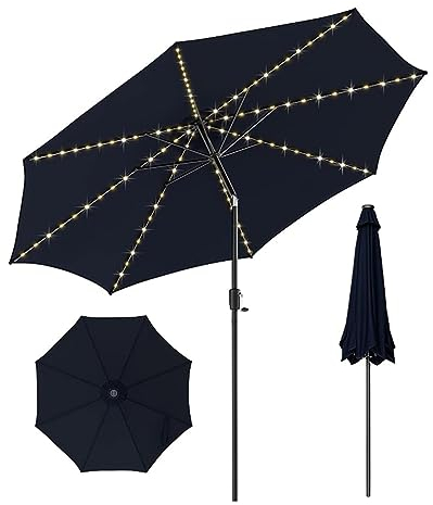 RELAX4LIFE Sonnenschirm mit 112 Solar-LED-Lichtern, Kippbarer Terrassenschirm mit Kurbel&8 Robuste Schirmrippen, Gartenschirm mit Klettbandverschluss, für Garten, Schwimmbad, Balkon (Blau)