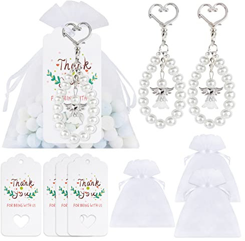 BOFUNX 20 Stücke Gastgeschenke Schutzengel Anhänger Klein Engel Schlüsselanhänger + 20 Stücke Organzasäckchen + 20 Stücke Etiketten Anhänger für Hochzeit Kommunion Konfirmation Taufe Party Geschenk