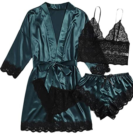iSpchen Pyjama 4 pièces pour femme - Ensemble pyjama long - Sous-vêtements sexy en dentelle - Pantalon court - Chemise de nuit - Printemps été automne - Robe de chambre douce - Vêtement de nuit -