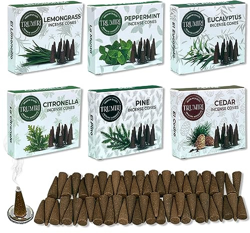 TRUMIRI Leafy Incense Cones - Variety Pack - Total 60 Cone Incense (6 Scents x 10 Conos) - Citronella Lemongrass Eucalyptus Peppermint Cedar Pine - Cone Incense Scents - Insense Cones - Incent Cone
