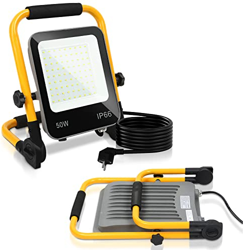 Lospitch LED Faretto da costruzione, 50W 5100LM Luce da lavoro LED Floodlight, proiettore, IP66 impermeabile, faro da lavoro 6000K bianco freddo lampada da costruzione, supporto pieghevole