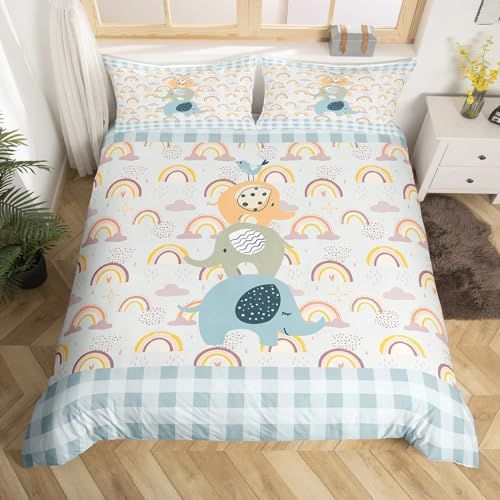 feelingyou Netter Elefant Bettbezug M Größe, Elefant Baby Vögel Tröster Bezug mit 1 Kissenbezug, Cartoon Sweet Regenbogen Plaid Bettdecke für Jungen Teens, Kissen Sham