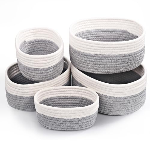 Otauoaea Baumwollseil Aufbewahrungskorb 5er Set, Korb Aufbewahrung Körbchen Wickeltisch Organizer,Storage Basket für Bad Badezimmer Kinderzimmer Wickeltisch,Weiß & Grau