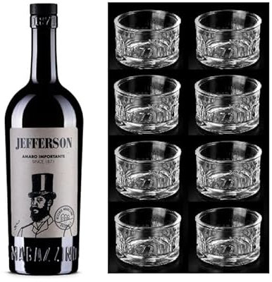 Jefferson amaro imporatnte 700 ml + 8 bicchieri amaro in astuccio nero elegantissimo 'Equilibrio' originali vecchio magazzino doganale