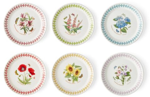 Portmerion botanisk trädgårdsäng – 15 cm rund brödtallrik (set med 6) | blandade blommor med färgglada lagerbladkanter | Lergods | Mikrovågsugns- och diskmaskinssäker | Hem och restaurang för daglig
