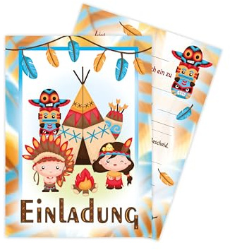 Limonia 12 Einladungskarten zum Kindergeburtstag Motto Feier Fest Einladung Set Geburtstag Mädchen Kinder Jungs Jungen Boys Teenies Unisex Indianer Indianerdorf Tipi Powwow Traumfänger