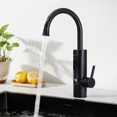HOMELODY Wasserhahn Küche Schwarz mit Durchlauferhitzer, Elektrischer Wasserhahn 230V, Modern, Matte Schwarz, Edelstahl